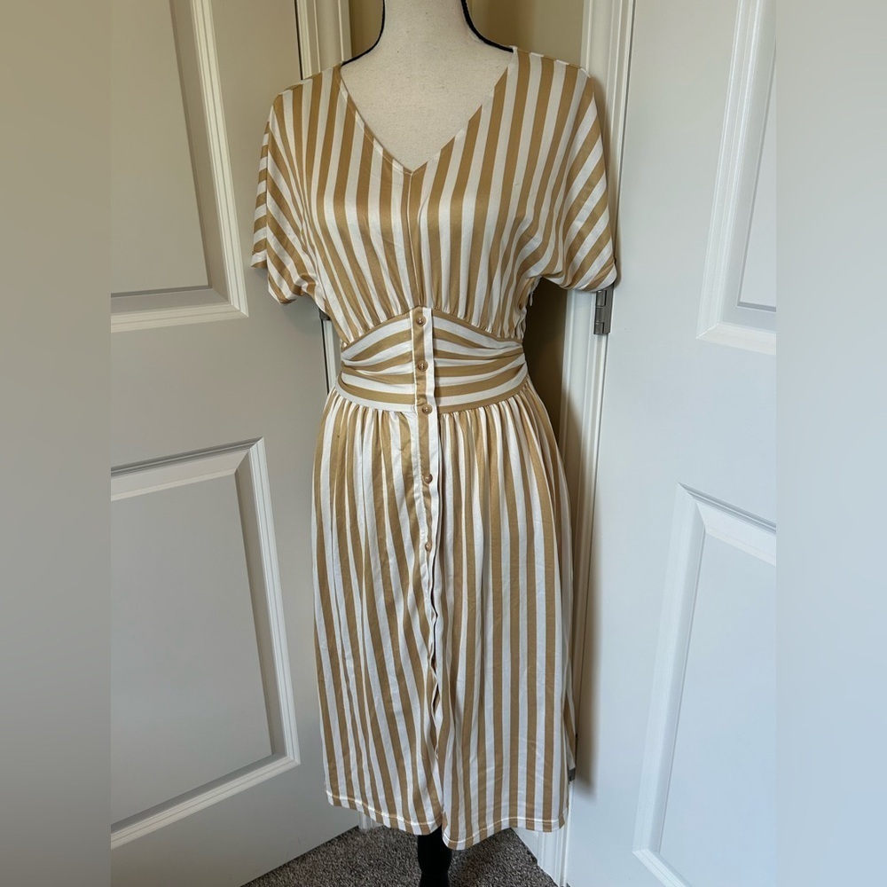 Yellow and white Striped V-Neck Button-Down Dress short sleeve cinched waist